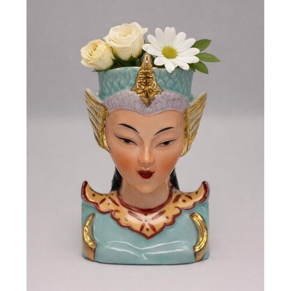Vintage Asian Lady Head Mini Vase Celadon Jade Gold Japan Mid Century Japan 1950